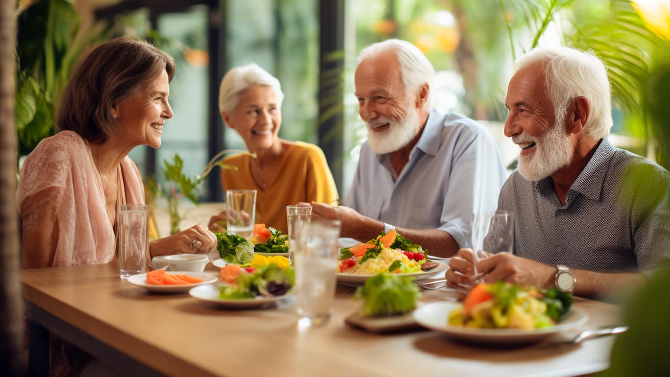 A group of seniors enjoying a meal in the hotel restaurant. Elde